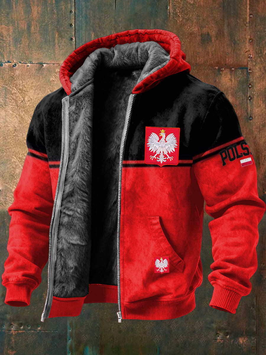 Retro patchworkowy polski emblemat z kapturem z polarową podszetką