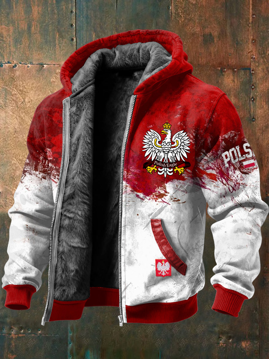 Retro polski emblemat Abstrakcyjna patchworowa kurtka z kapturem z polarem