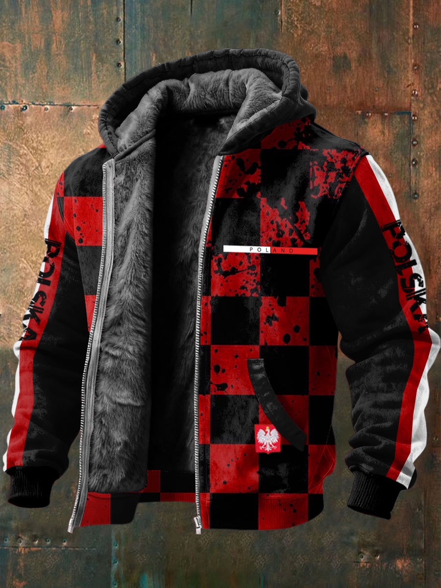 Kurtka z kapturem z polarową podszewką w stylu retro Patchwork Poland Flag