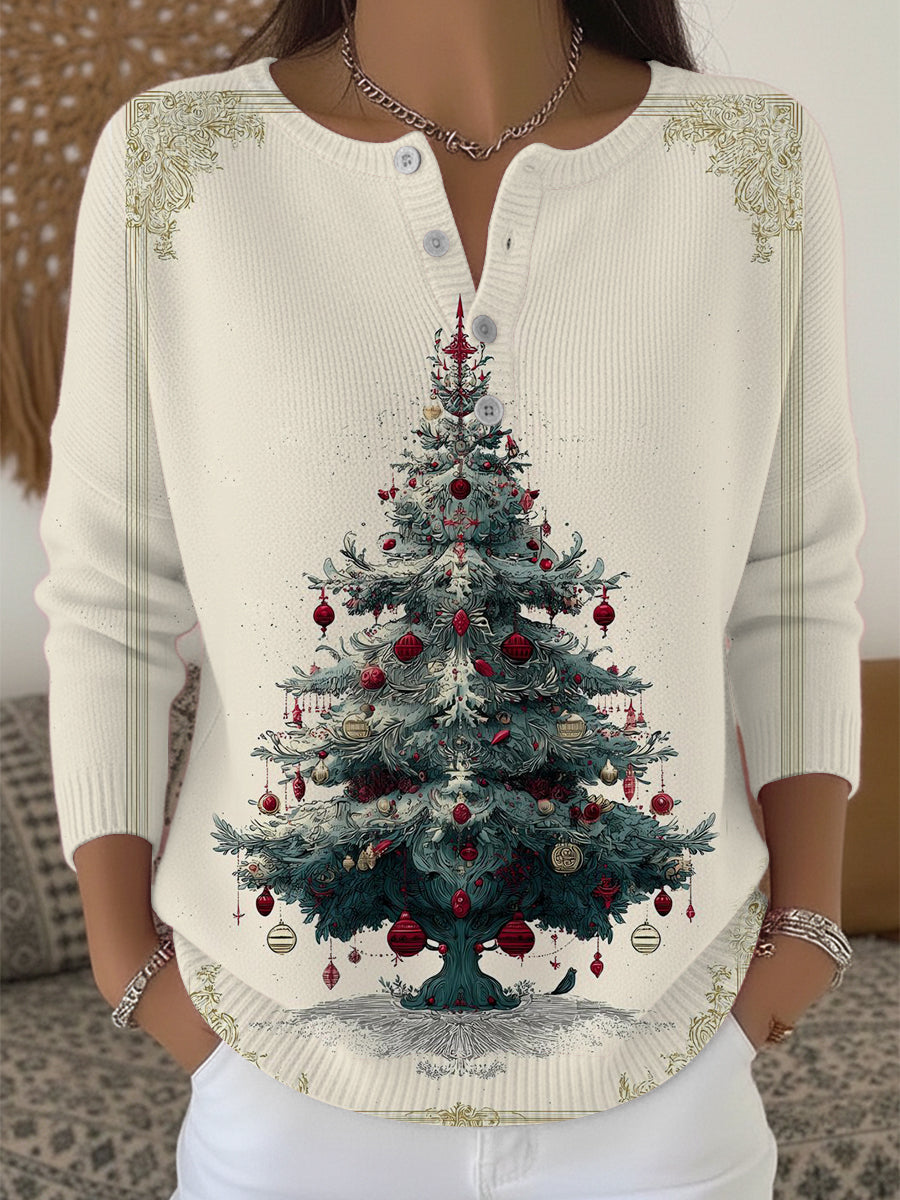 Damski świąteczny ozdobny sweter choinkę z nadrukiem Henley Neck