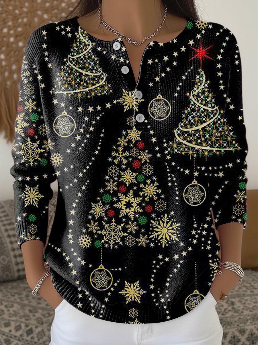 Damski świecące śnieżynka i choinkowy sweter z nadrukiem Henley Neck