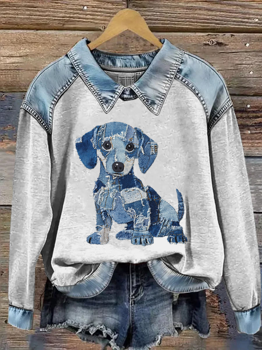 Damska bluza z długim rękawem Patchwork Lapel z nadrukiem zwierząt