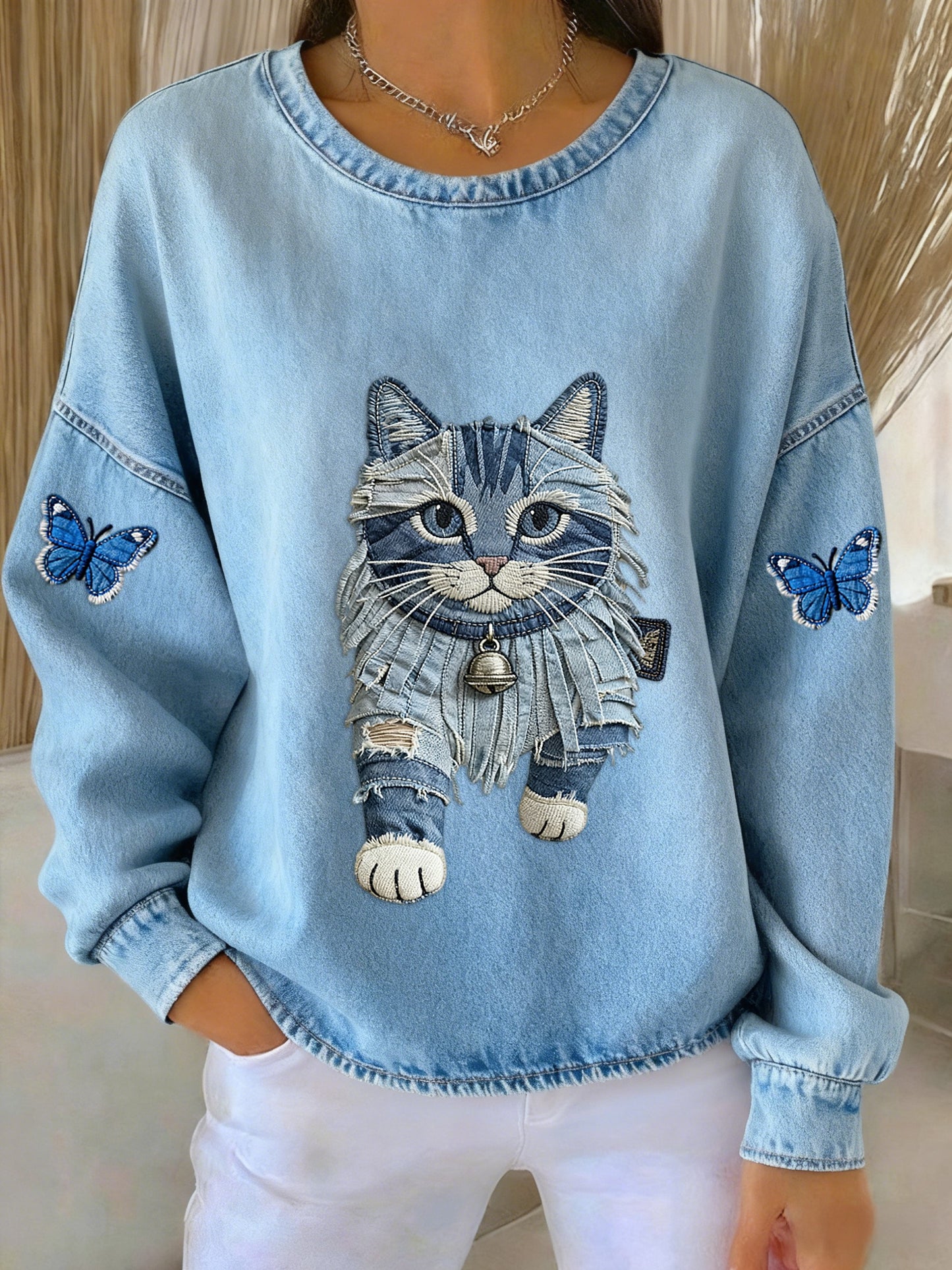 Damska retro słodka bluza z kapturem w stylu motylkowym dla kota Patchwork Art Print