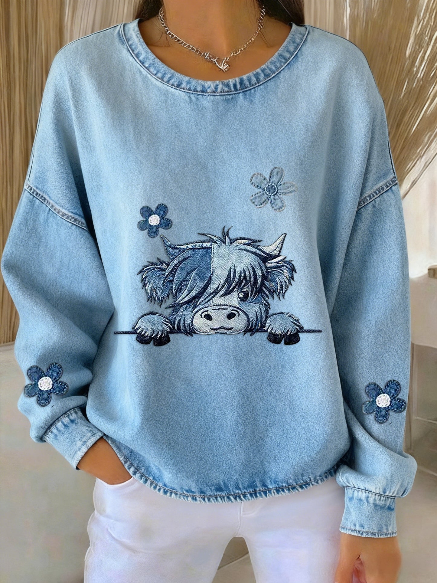 Damska retro słodka kwiecista bluza z kapturem w stylu highland cow