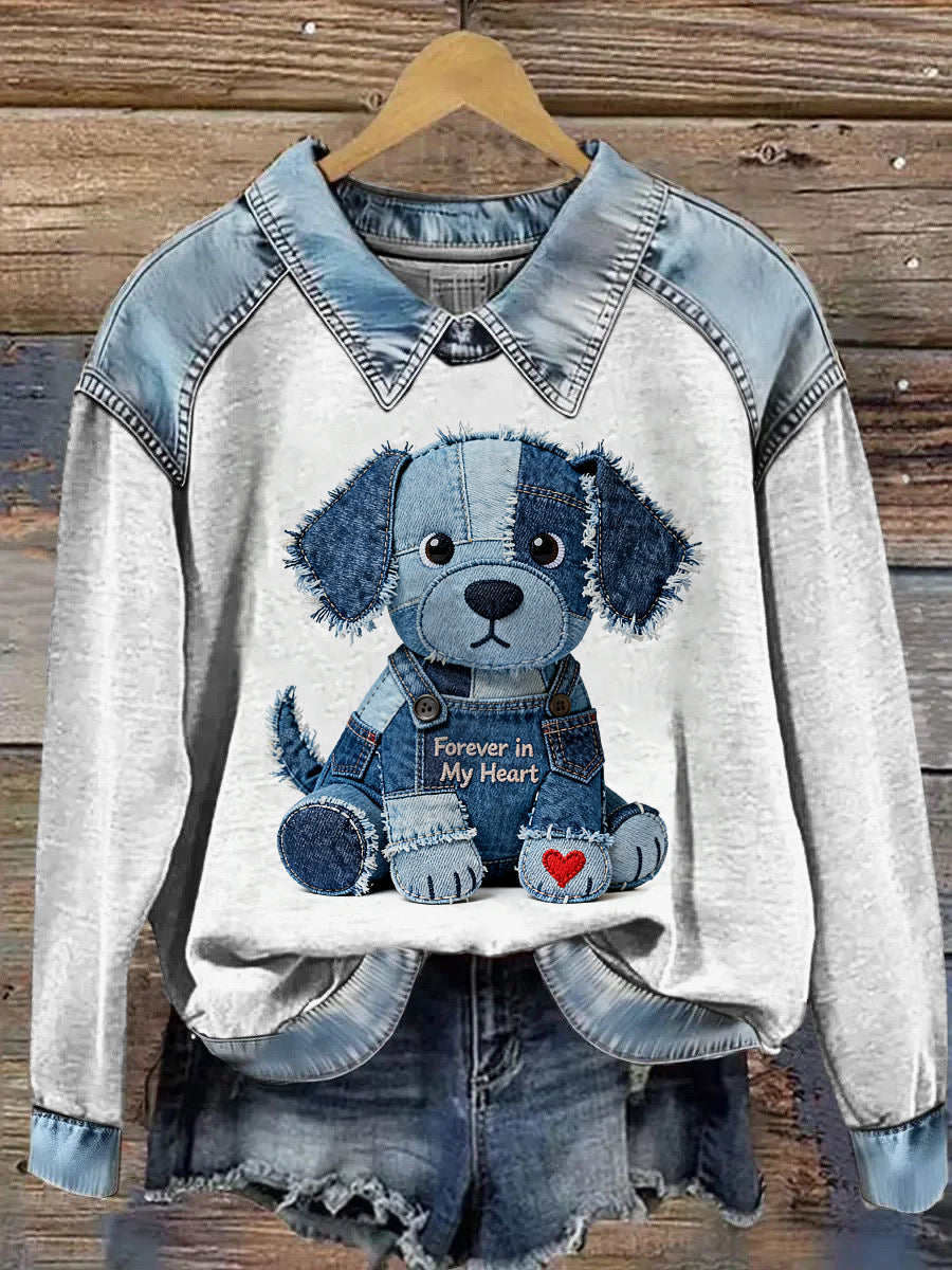 Damska bluza z długim rękawem Patchwork Lapel z nadrukiem zwierząt