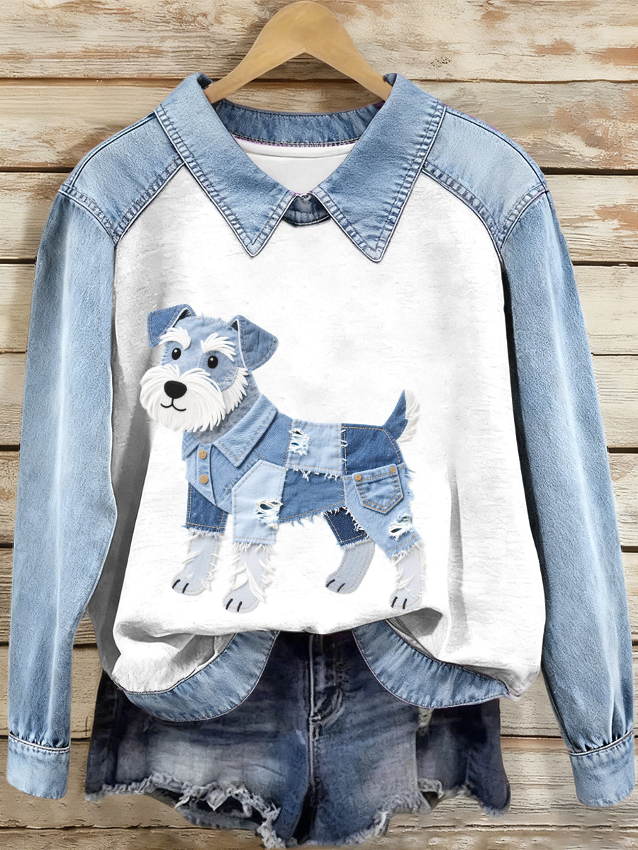 Damska bluza z denimem Patchwork Schnauzer ze wzorem psa