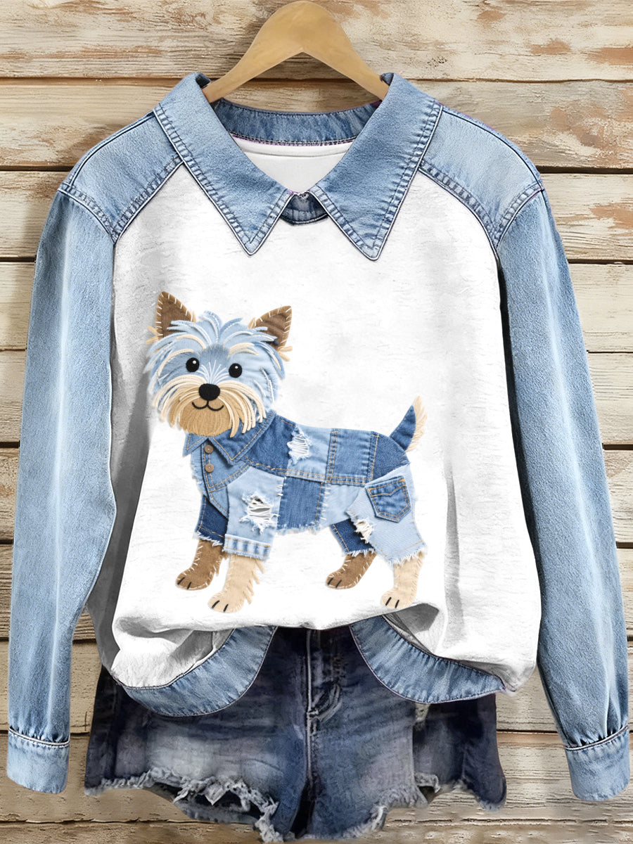 Damska bluza z denimem Patchwork Yorkshire Terrier ze wzorem psa