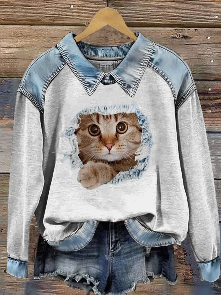 Damska bluza z długim rękawem Patchwork Lapel z nadrukiem zwierząt