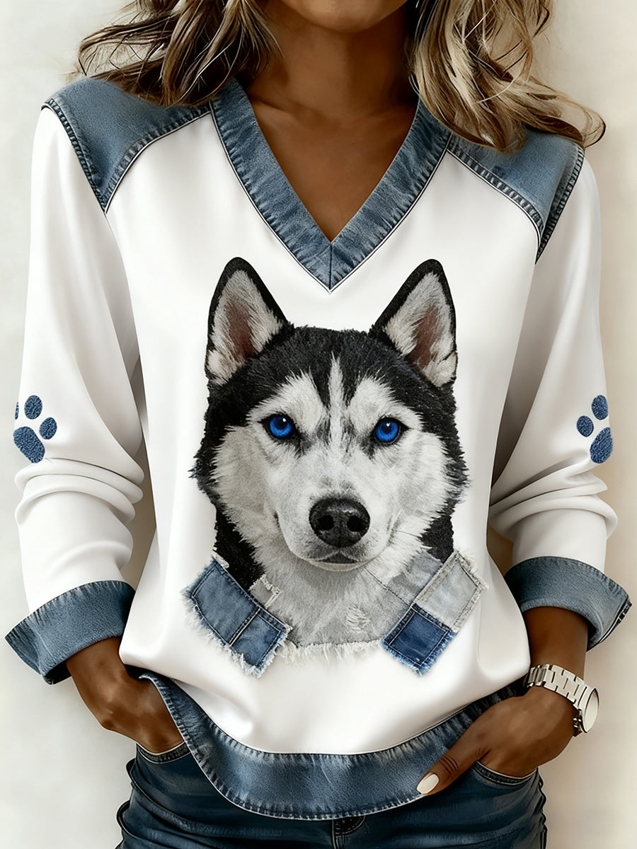 Damski dekolt w stylu retro z dekoltem w serek Patchwork z nadrukiem zwierzęcym, swobodny top komfortowy