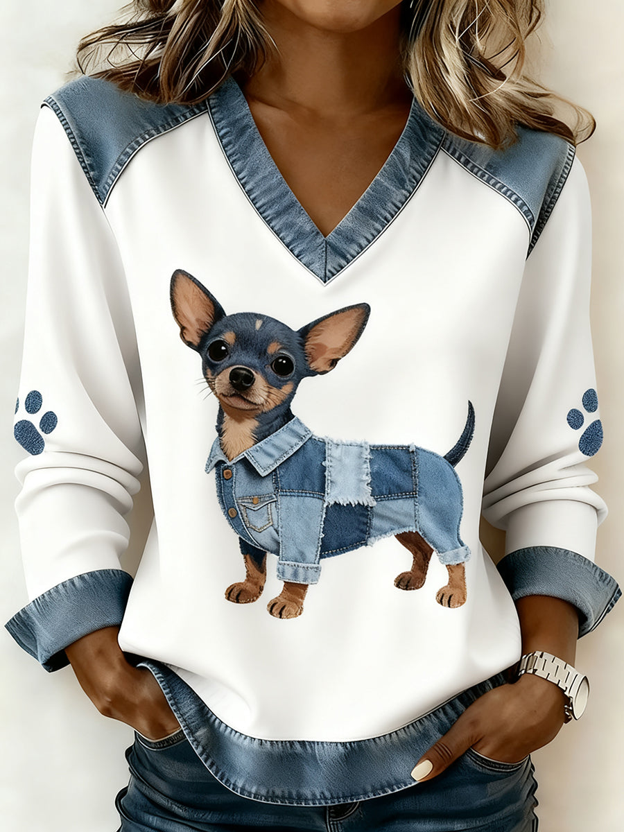 Damski dekolt w stylu retro z dekoltem w serek Patchwork z nadrukiem zwierzęcym, swobodny top komfortowy