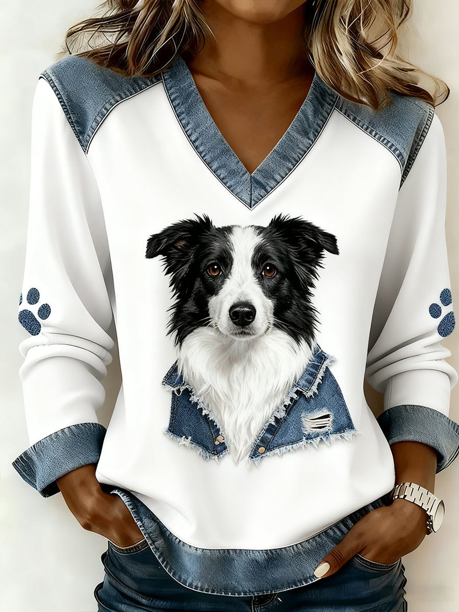 Damski dekolt w stylu retro z dekoltem w serek Patchwork z nadrukiem zwierzęcym, swobodny top komfortowy