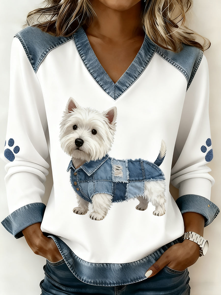 Damski dekolt w stylu retro z dekoltem w serek Patchwork z nadrukiem zwierzęcym, swobodny top komfortowy