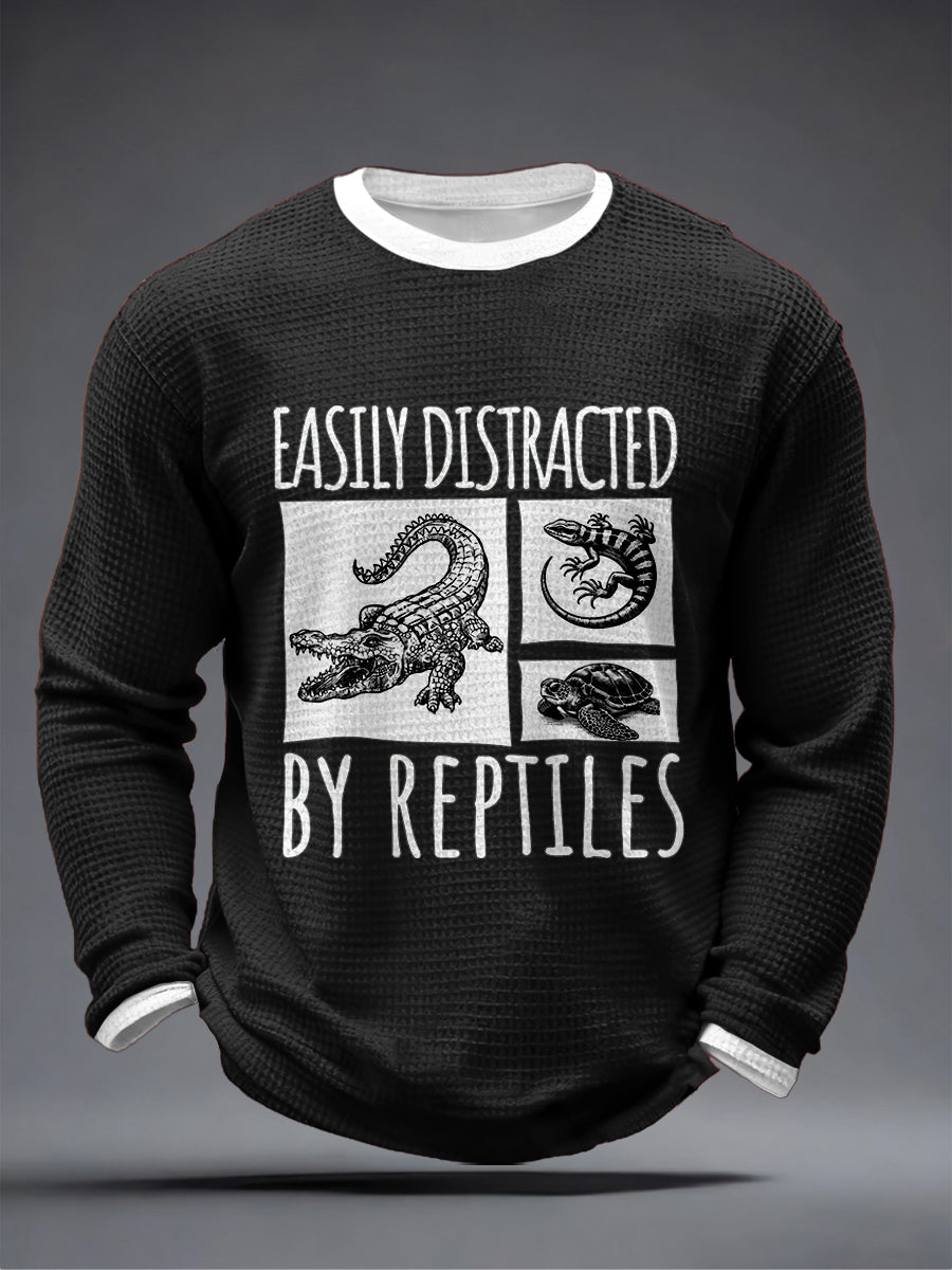 Męska łatwo rozdręczona przez Gady Print Waffle z długim rękawem T-Shirt