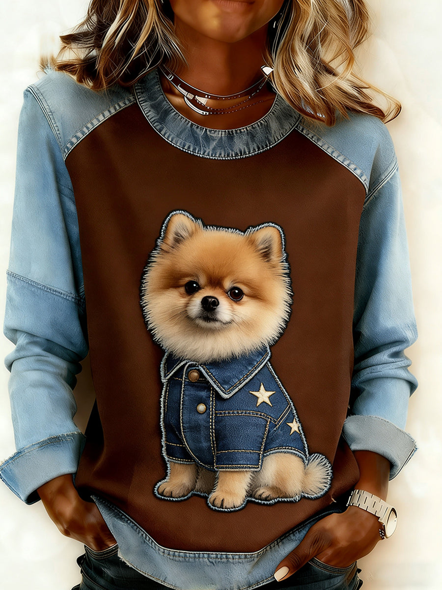 Damska wygodna bluza z patchworkiem w stylu retro z nadrukiem w stylu zwierzęcym