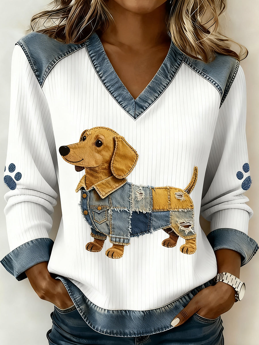 Damski dekolt w stylu retro z dekoltem w serek Patchwork z nadrukiem zwierzęcym, swobodny top komfortowy