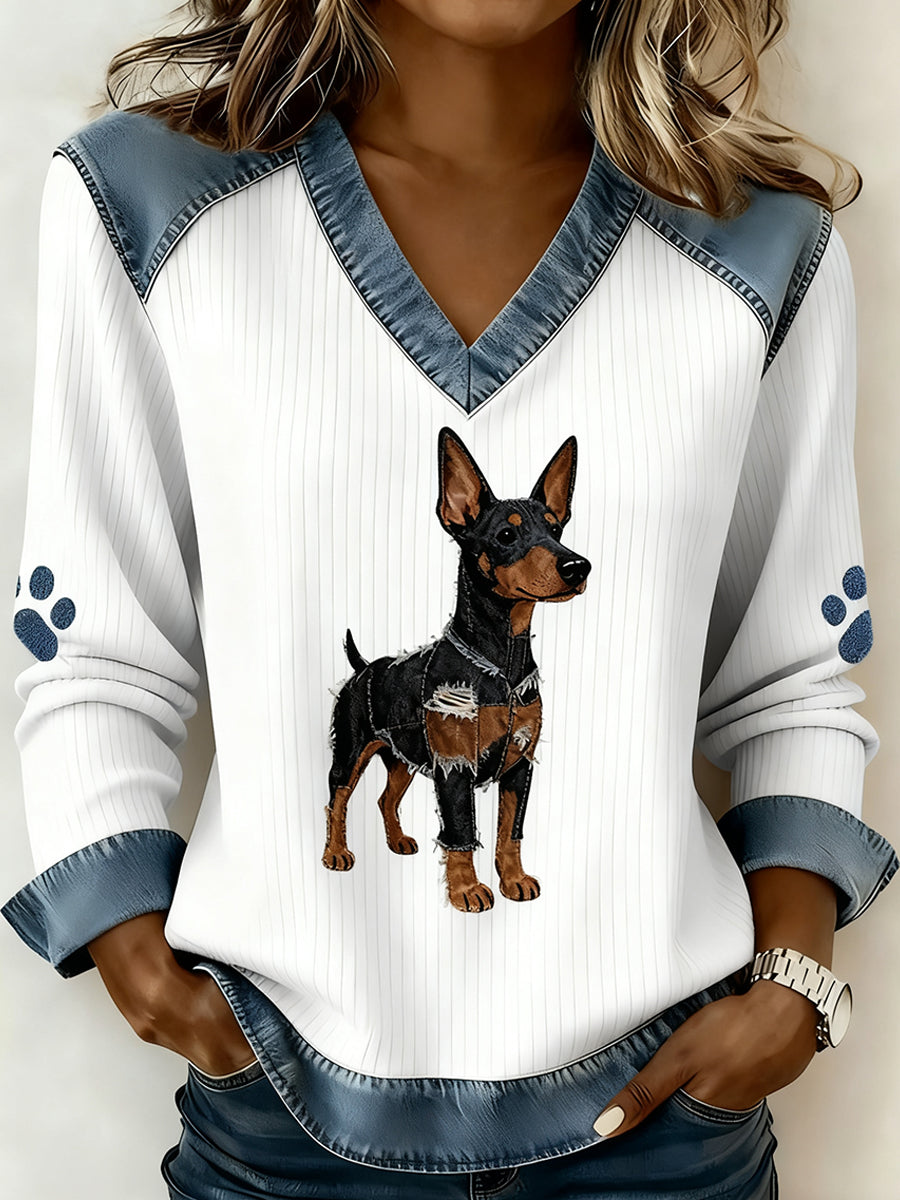 Damski dekolt w stylu retro z dekoltem w serek Patchwork z nadrukiem zwierzęcym, swobodny top komfortowy