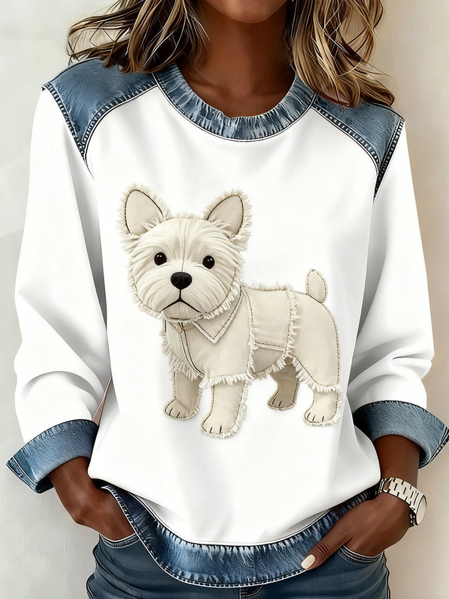 Damska wygodna bluza z patchworkiem w stylu retro z nadrukiem w stylu zwierzęcym