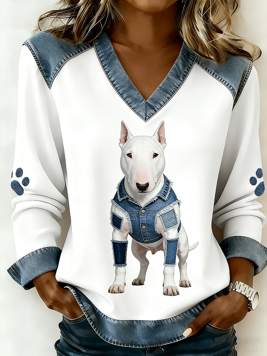 Damski Bull Terrier Denim Patchwork Casual Top z dekoltem w szpic