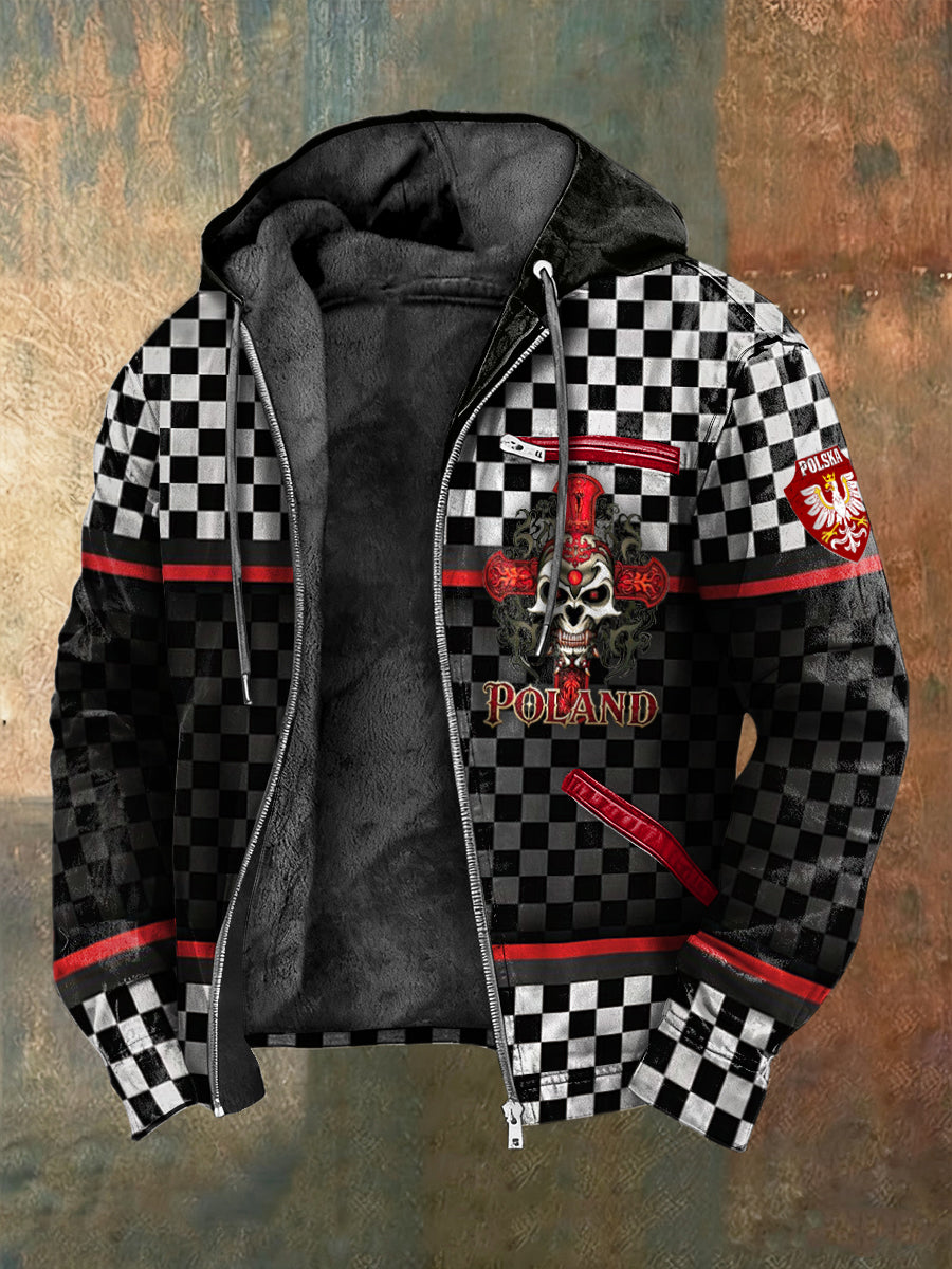 Męska kurtka z polarową podszewą w stylu wyścigowym z nadrukiem czaszki