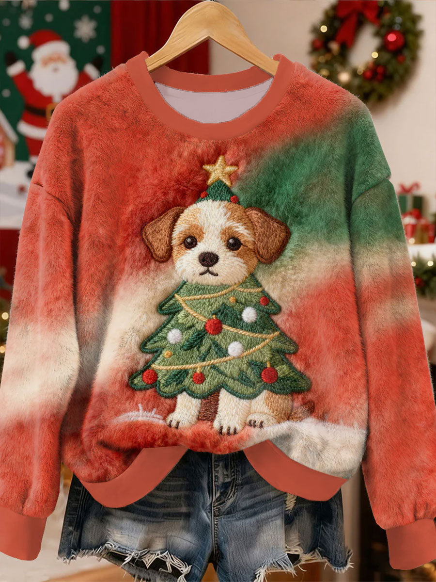 Damska boże narodzenie słodki pies choinka wzór flanelowa bluza z kapturem