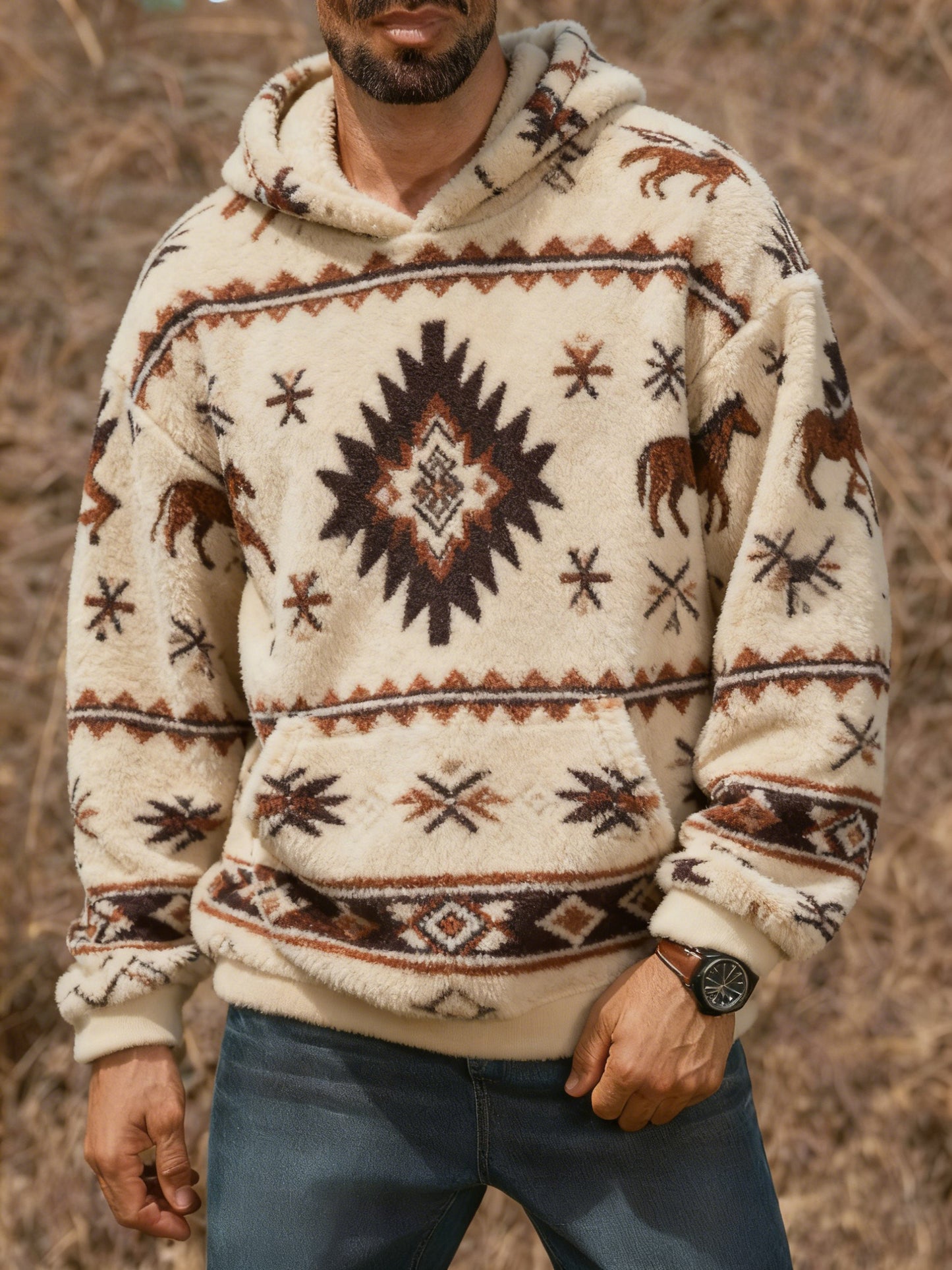 Męska bluza z kapturem w stylu vintage Western z nadrukiem