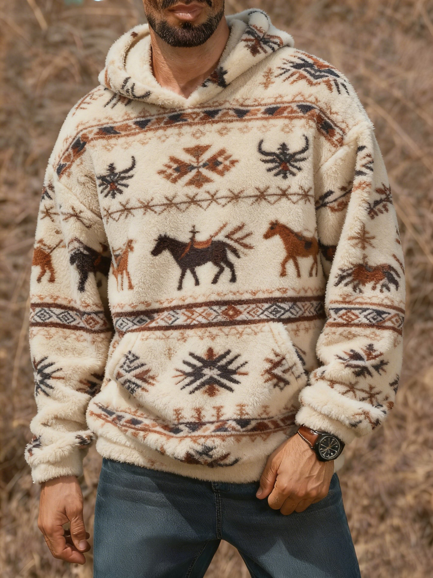 Męska bluza z kapturem w stylu vintage Western z nadrukiem