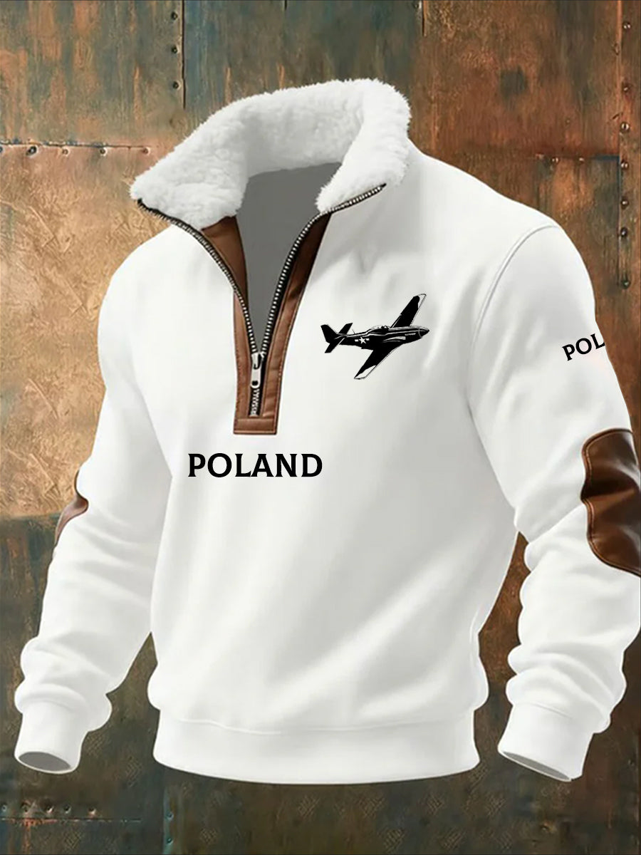 Męska bluza z polarowym kołnierzem z nadrukiem w stylu vintage