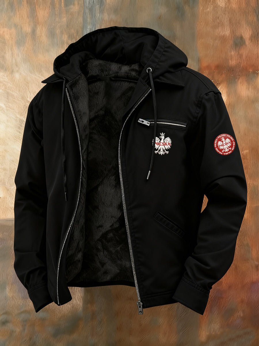 Męska kurtka z kapturem z nadrukiem w stylu vintage