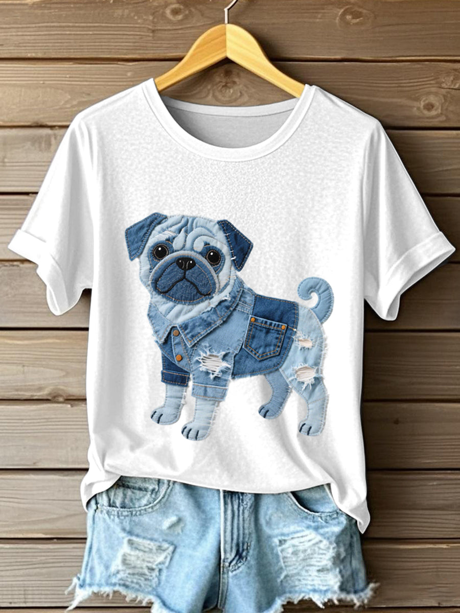 Damski piękny mops pies jeansowy patchwork T-Shirt
