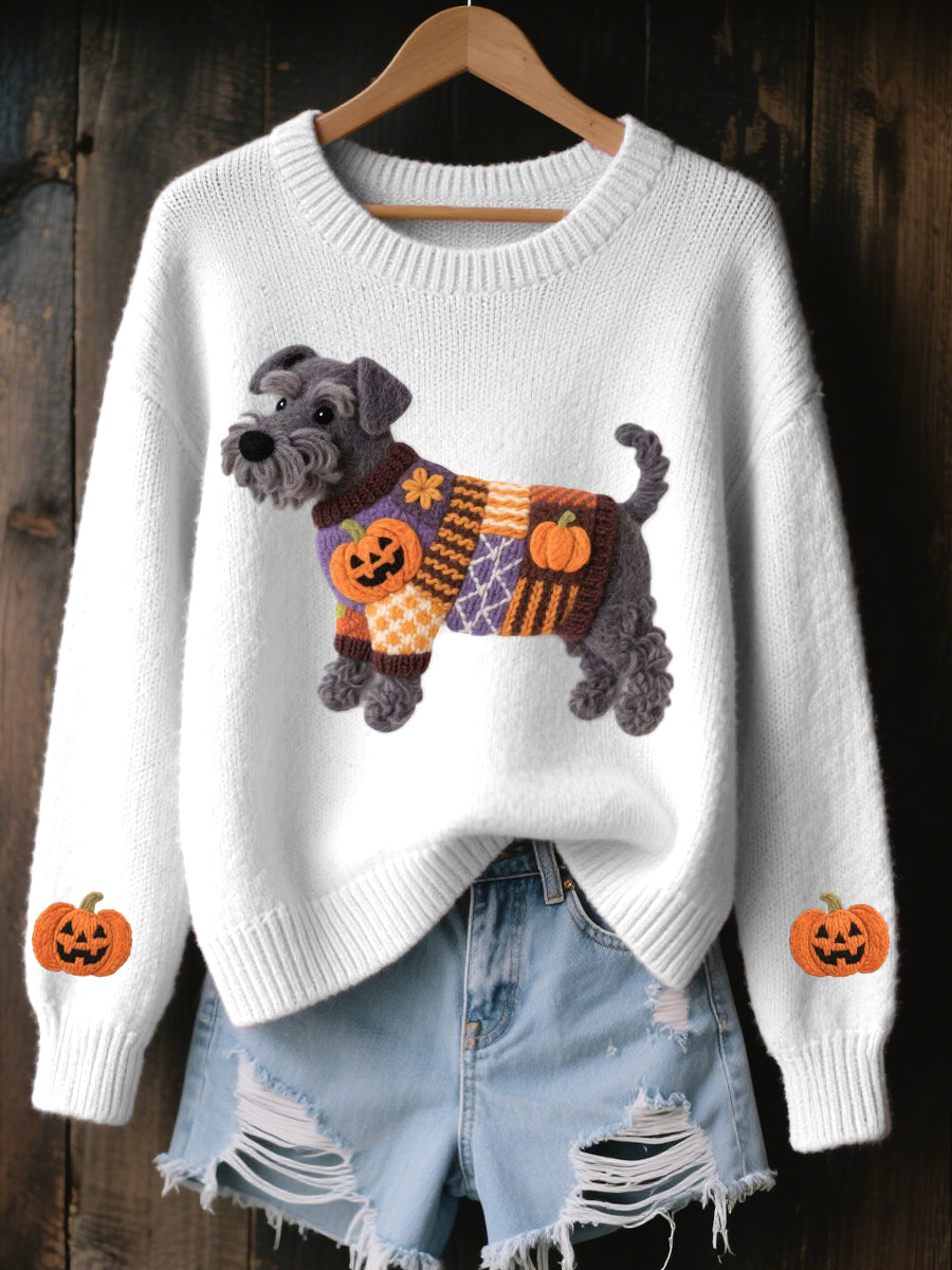 Damski halloweenowy inspirowany sznaucerem pies filcowy, przytulny sweter z dzianiny