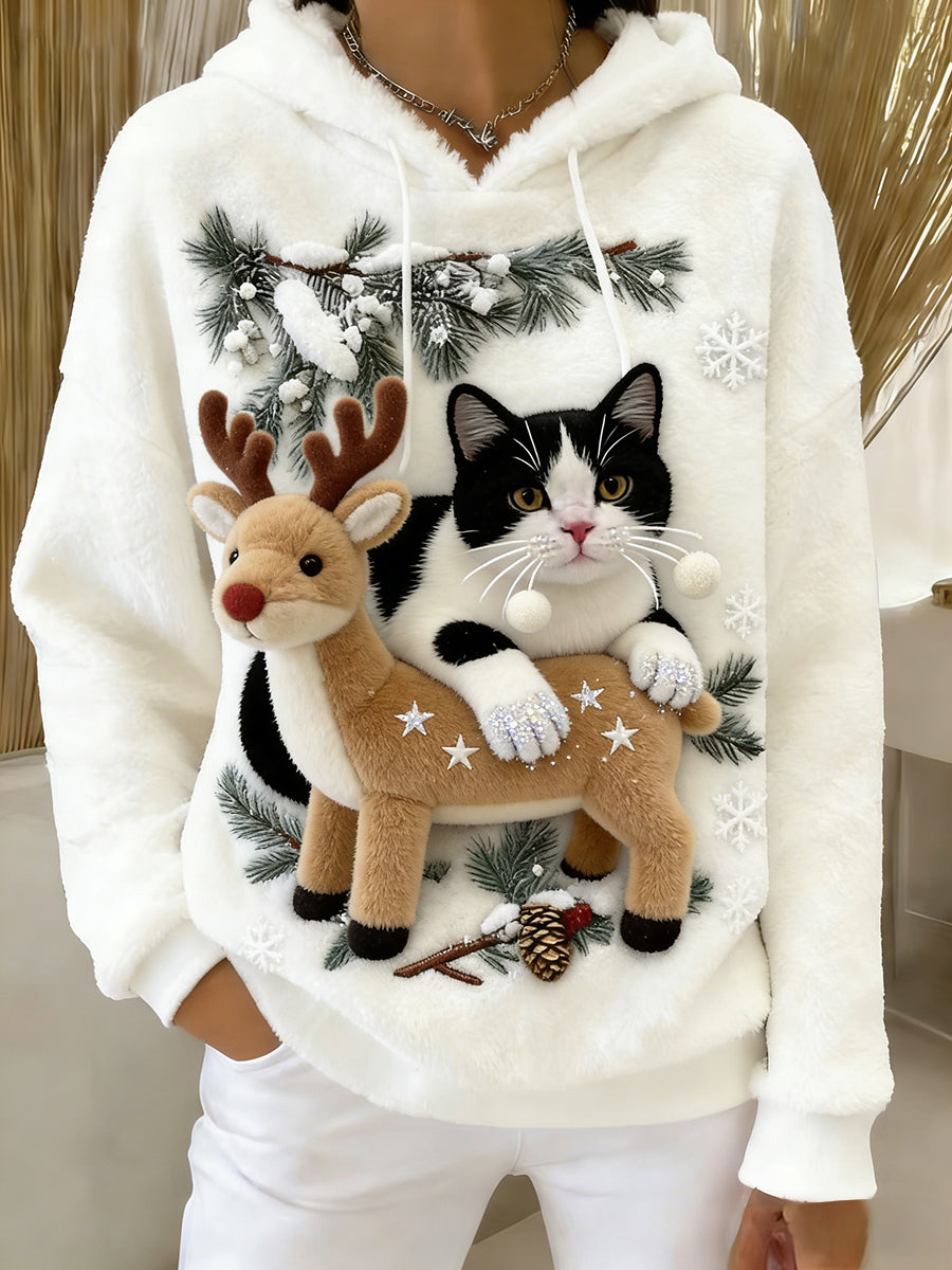 Damska wygodna flanelowa bluza z kapturem Retro Animal Art Print