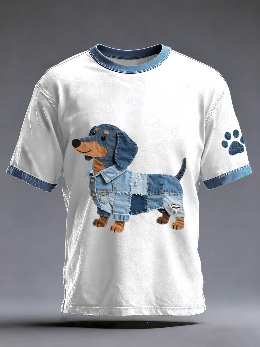 Męski jeansowy patchwork art jamnik pies wzór umyty T-Shirt