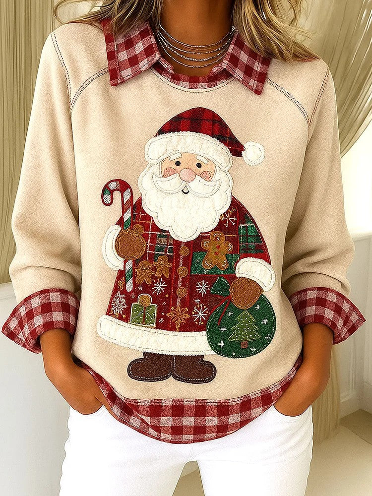 Vintage Christmas Santa Plaid Patchwork z nadrukiem luźna bluza z długim rękawem w klapie