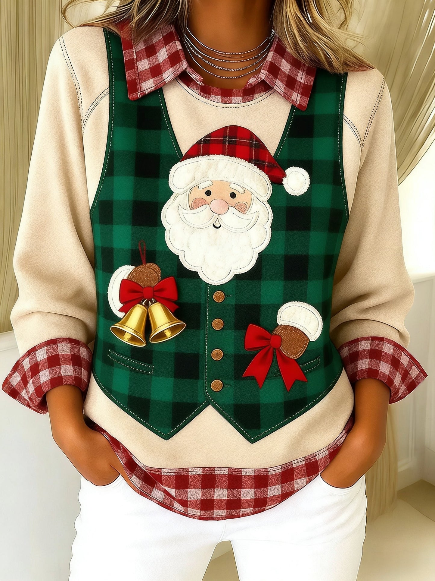 Vintage Christmas Santa Plaid Patchwork z nadrukiem luźna bluza z długim rękawem w klapie