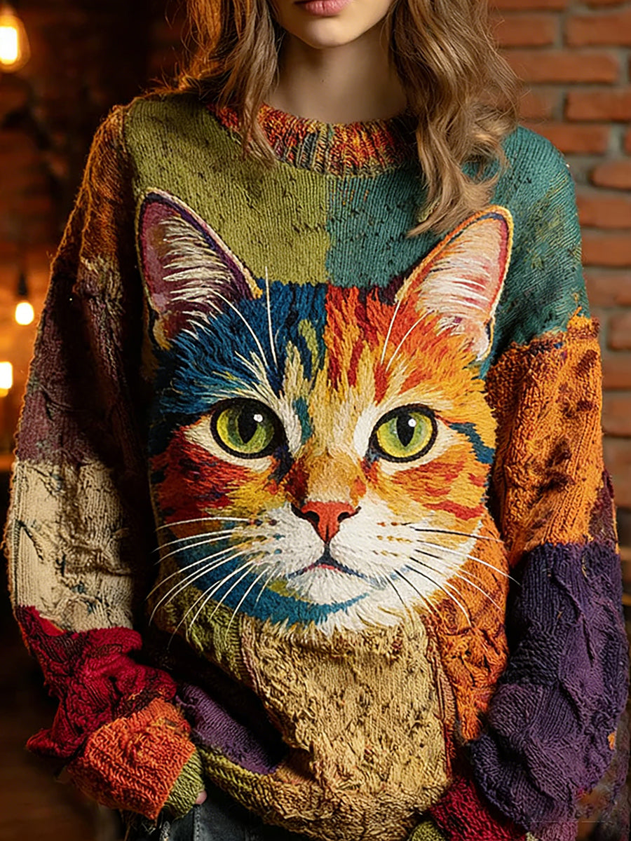 Damski sweter w stylu vintage z nadrukiem zwierzęcym Comfort