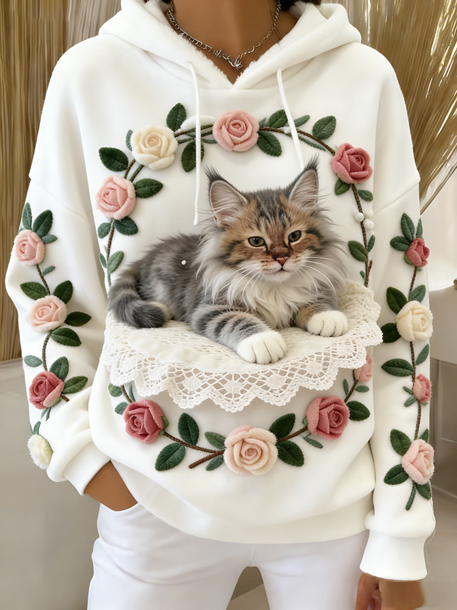 Damska wygodna flanelowa bluza z kapturem Retro Animal Art Print