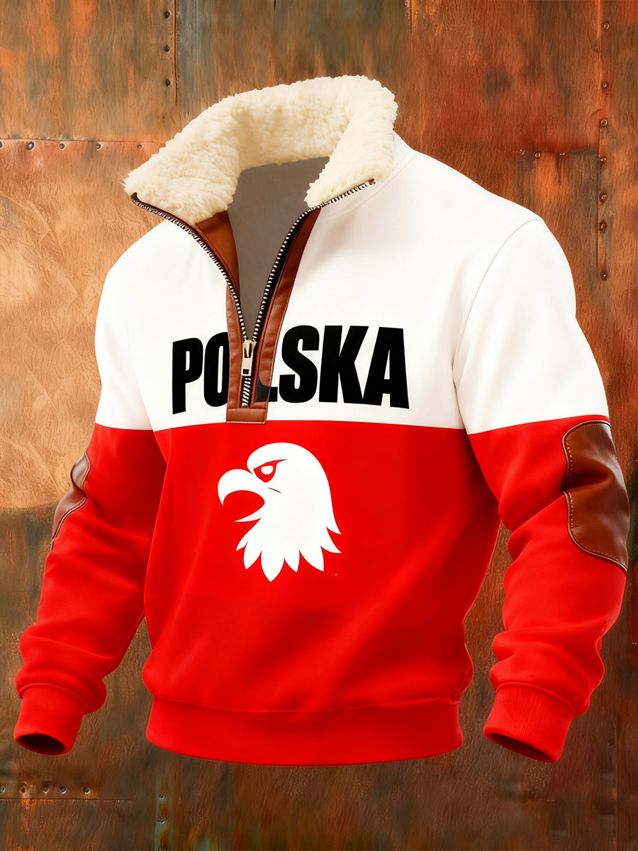 Męska polska sztuka retro casualowa gruba futrzana bluza z kołnierzem