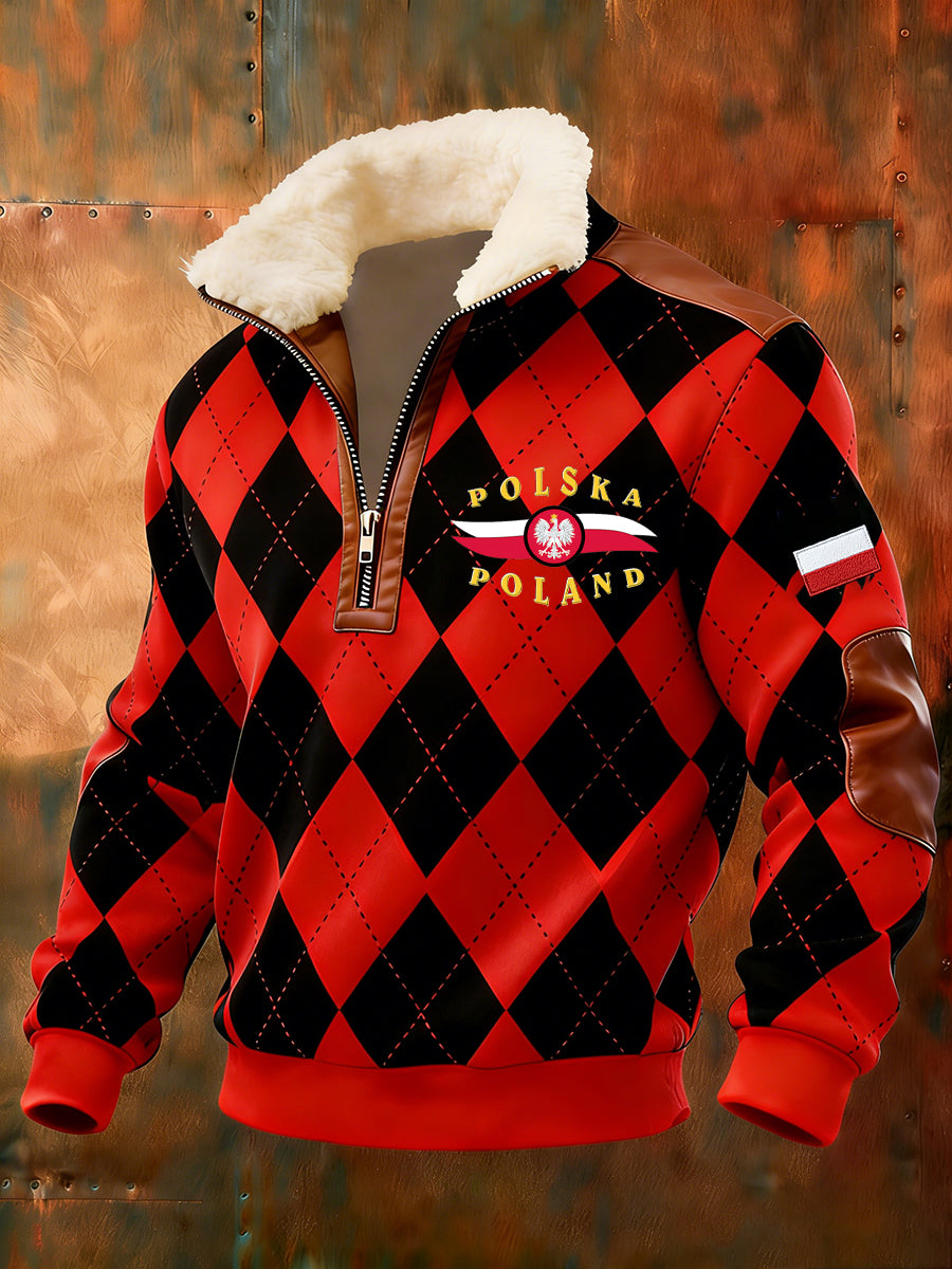 Męska polska sztuka retro casualowa gruba futrzana bluza z kołnierzem