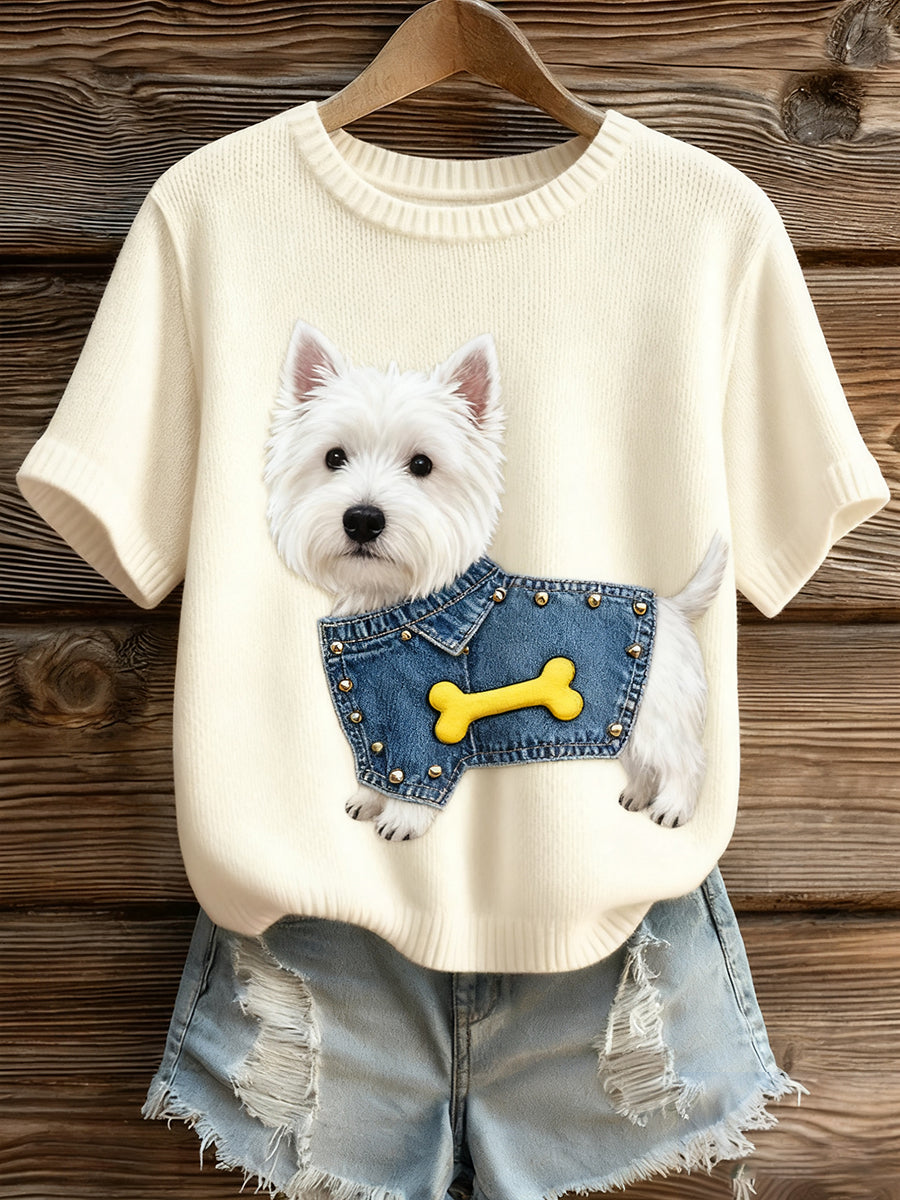 Damski artystyczny nadruk zwierzęcy wygodny top z dzianiny z krótkim rękawem