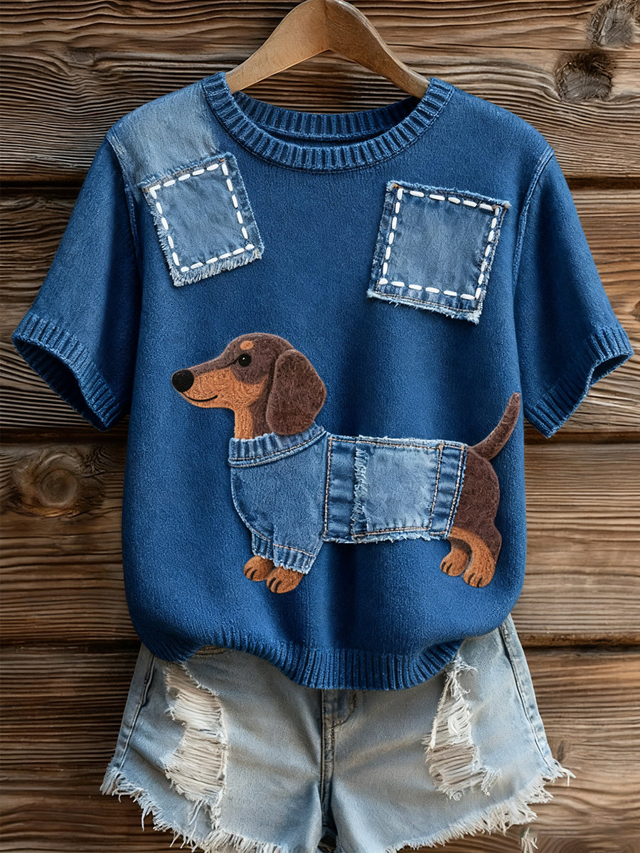 Damski artystyczny nadruk zwierzęcy wygodny top z dzianiny z krótkim rękawem