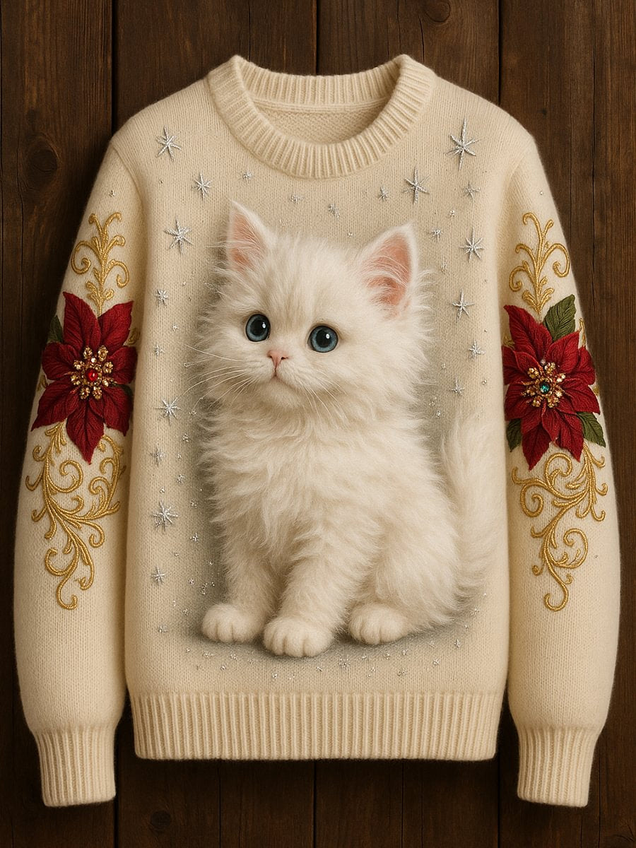 Damski słodki kot artystyczny drukowany na co dzień sweter z dekoltem