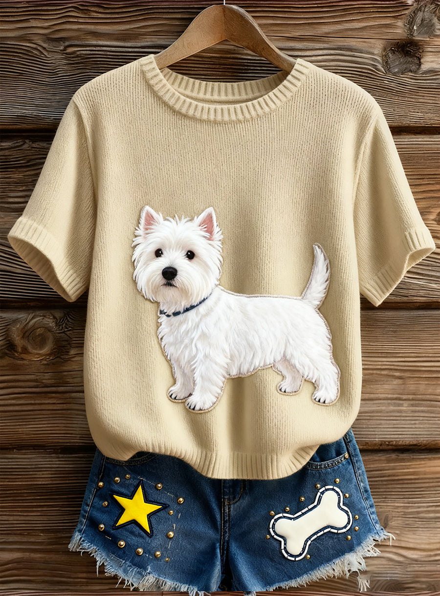 Damski artystyczny nadruk zwierzęcy wygodny top z dzianiny z krótkim rękawem