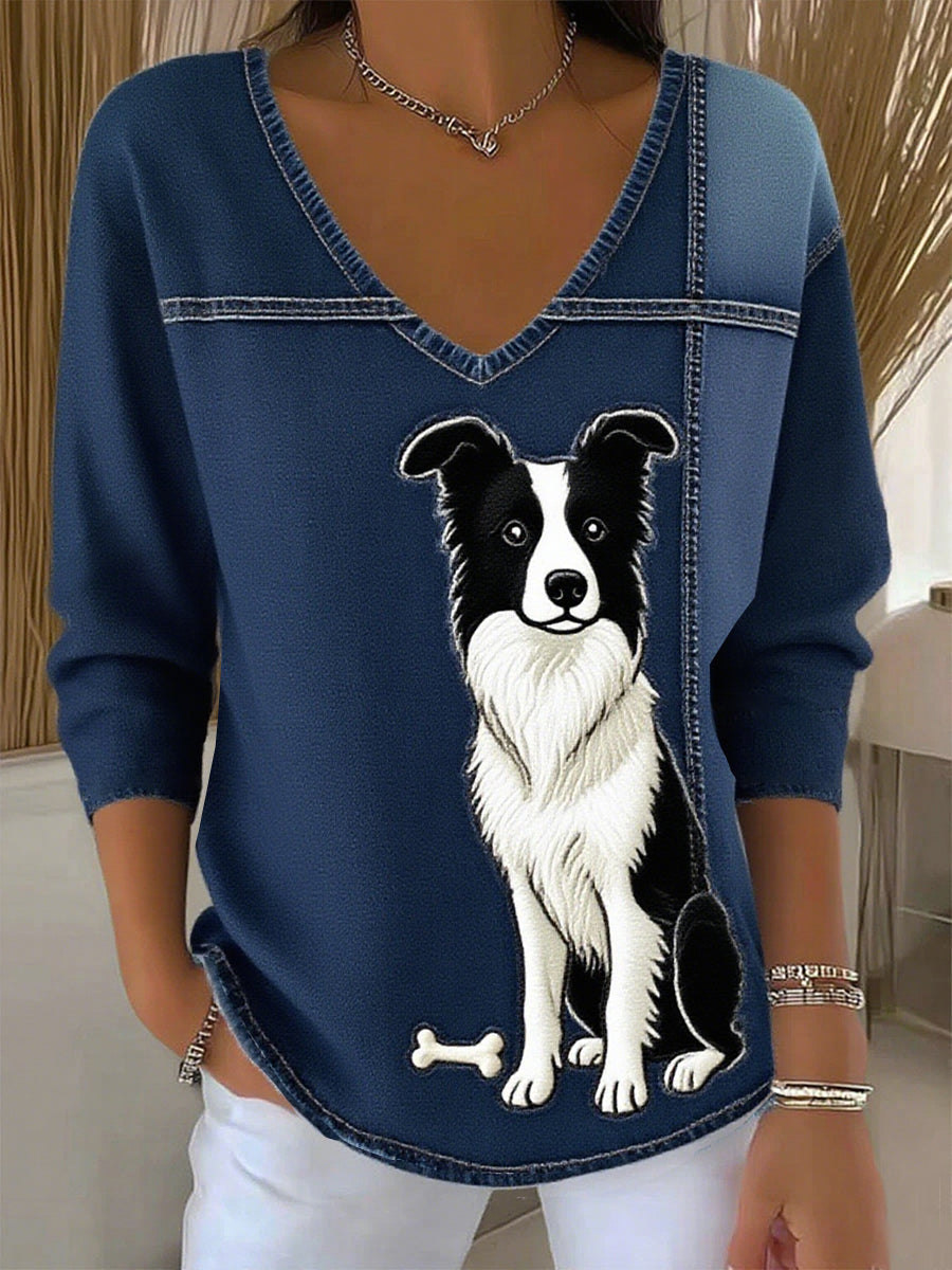 Damski retro zwierzęcy nadruk casualowy top z długim rękawem