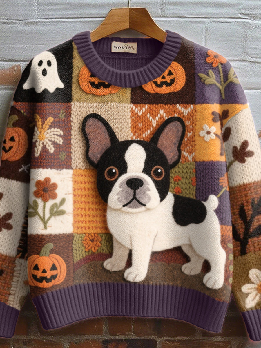 Damski słodki pies filcowy artystyczny przytulny sweter z dzianiny