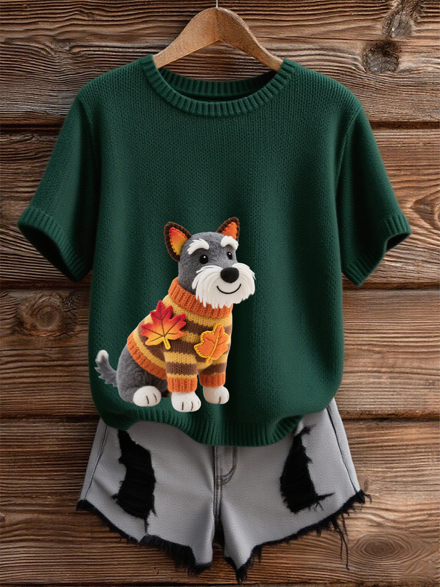 Damska koszulka z krótkim rękawem w stylu jesiennego psa z nadrukiem pod szyją