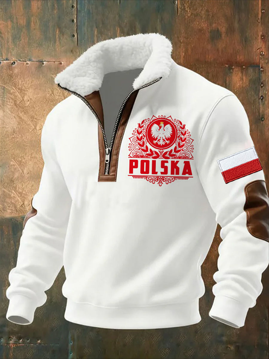 Męska polska sztuka retro casualowa gruba futrzana bluza z kołnierzem