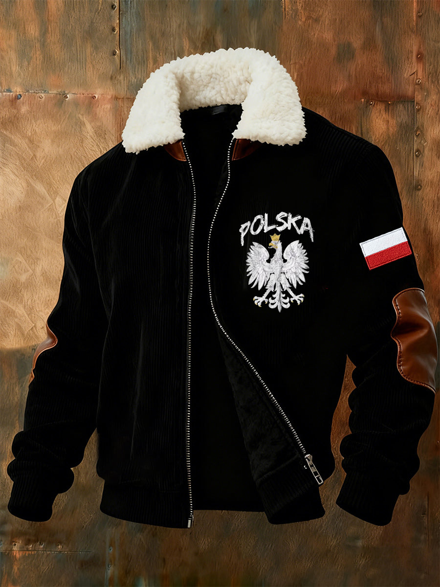 Męska kurtka w stylu retro z polskim nadrukiem artystycznym na co dzień z futrzany kołnierzykiem