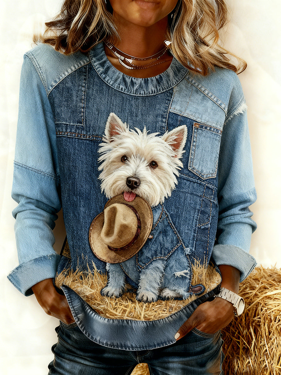 Damska wygodna bluza z patchworkiem w stylu retro z nadrukiem w stylu zwierzęcym