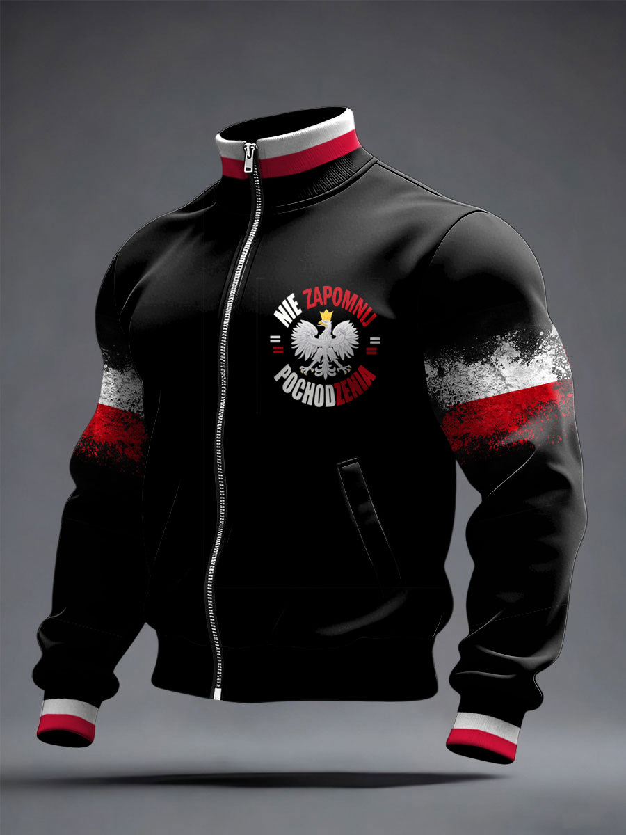 Retro polska flaga patchwork na co dzień Stojący kołnierz Kurtka na zamek błyskawiczny