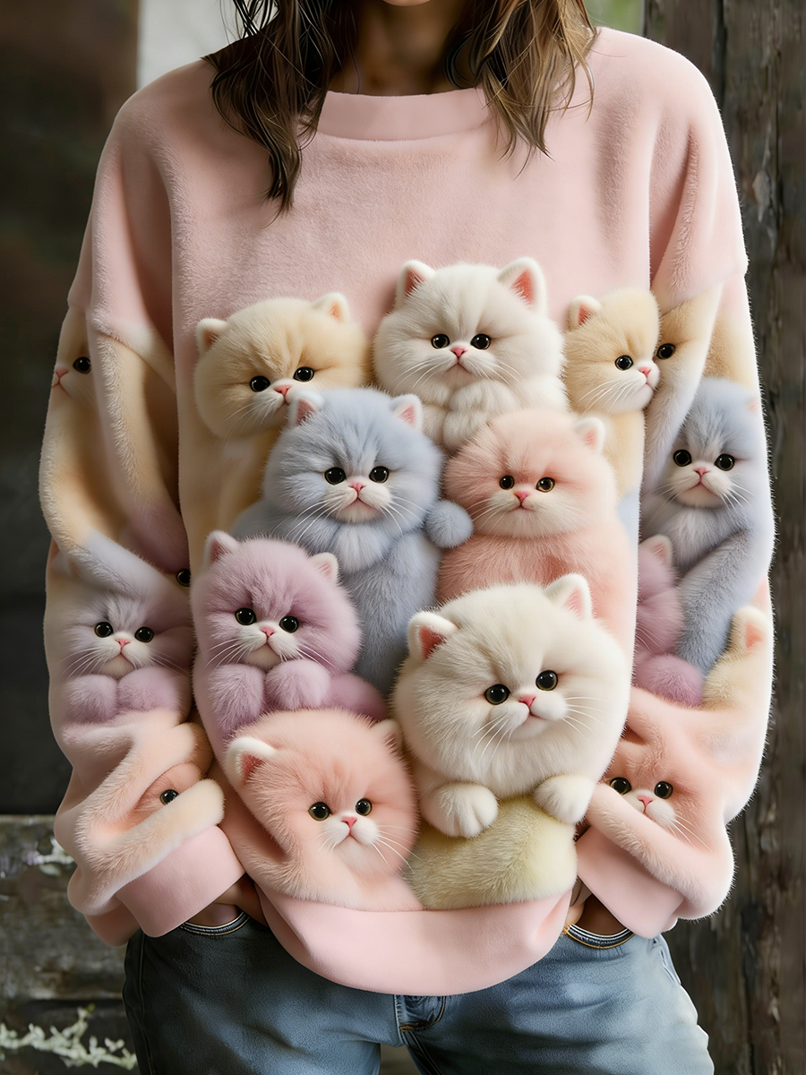 Flanelowa bluza z kapturem dla kobiet Cute Cat Art